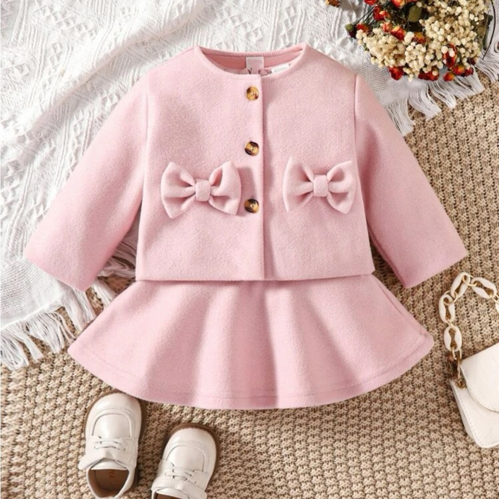 Toddler girls Bow Front pink Overcoat & Dress set - Picture 2 of 4